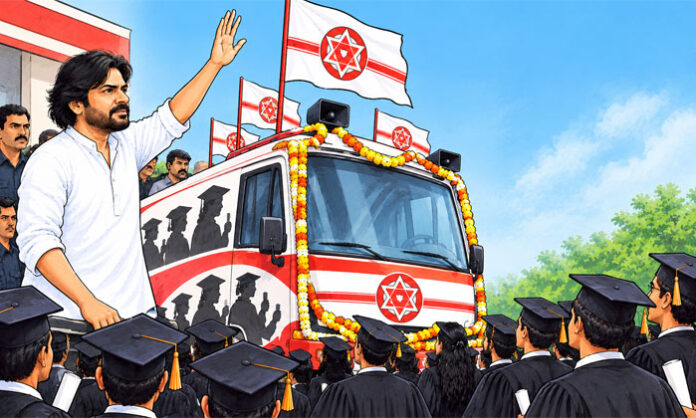 Pawan Kalyan inaugurates the Jana Sena Graduate Express campaign vehicle for Telangana graduates’ MLC elections in Hyderabad.