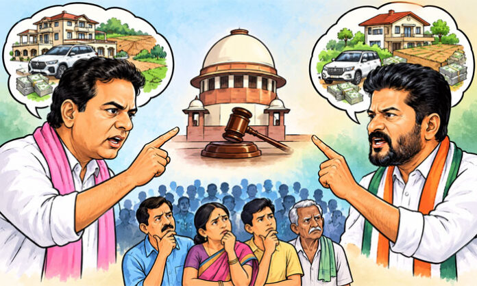 BRS Working President KTR issues a challenge regarding an inquiry into his family’s assets and Revanth Reddy’s family assets amid a political exchange in Telangana.