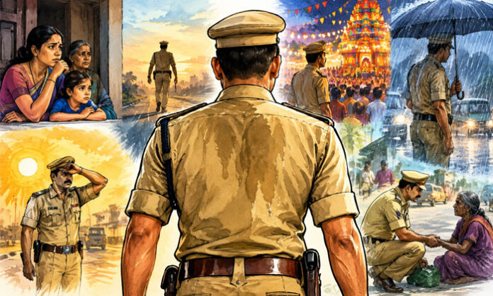 Police officer in a khaki uniform standing guard to protect public safety and maintain law and order.