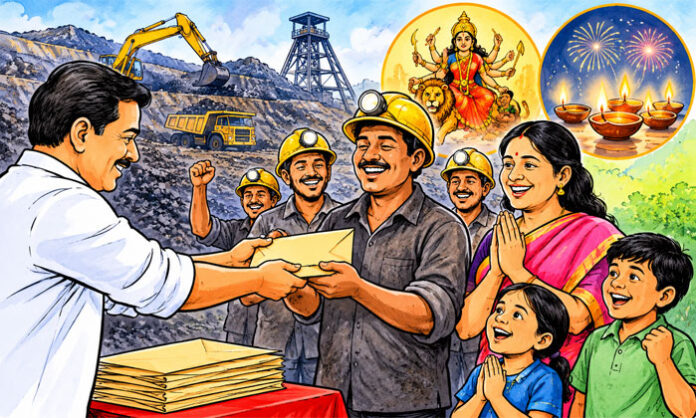 Singareni workers receive Dussehra and Diwali bonuses totaling approximately ₹2.65 lakh, recognizing their hard work in coal mining.